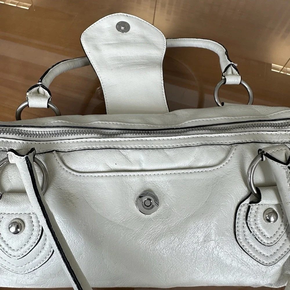 G By‎ Guess Cream Handbag Vintage Y2k Buckle Detail Studded Satchel Silver *New*